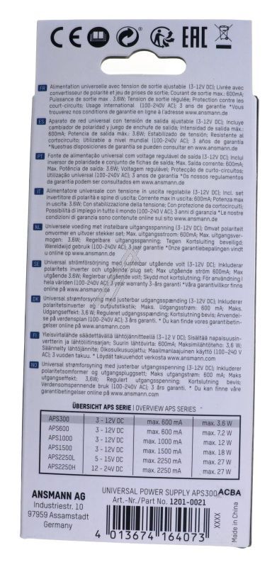 APS 300 1201-0021 STECKERNETZTEIL UNIVERSAL 3-12VDC, INKL. 7 VERSCHIEDENE STECKER