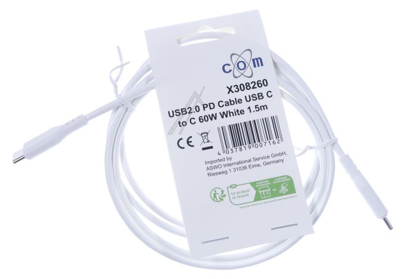 60W USB-C KABEL WEISS MIT POWER DELIVERY 1,5M