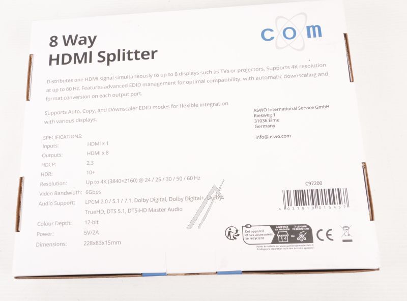 HDMI-SPLITTER 1X8 MIT UNTERSTÜTZUNG FÜR 4K@60HZ, HDCP 2.3 UND EDID-STEUERUNG (KOPIEREN, AUTOMATIK, DOWNSCALER)
